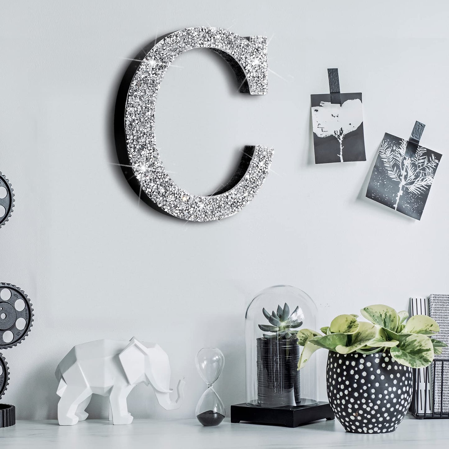 Qunclay Bling Letters for Wall Decor, Crystal Rhinestone Wooden Letters with Hooks, Crushed Diamond Glitter Letter for Bedroom Home Party Wedding Decor, Gift for Women(5.7"l X 5.7"w,Letter C,Silver)
