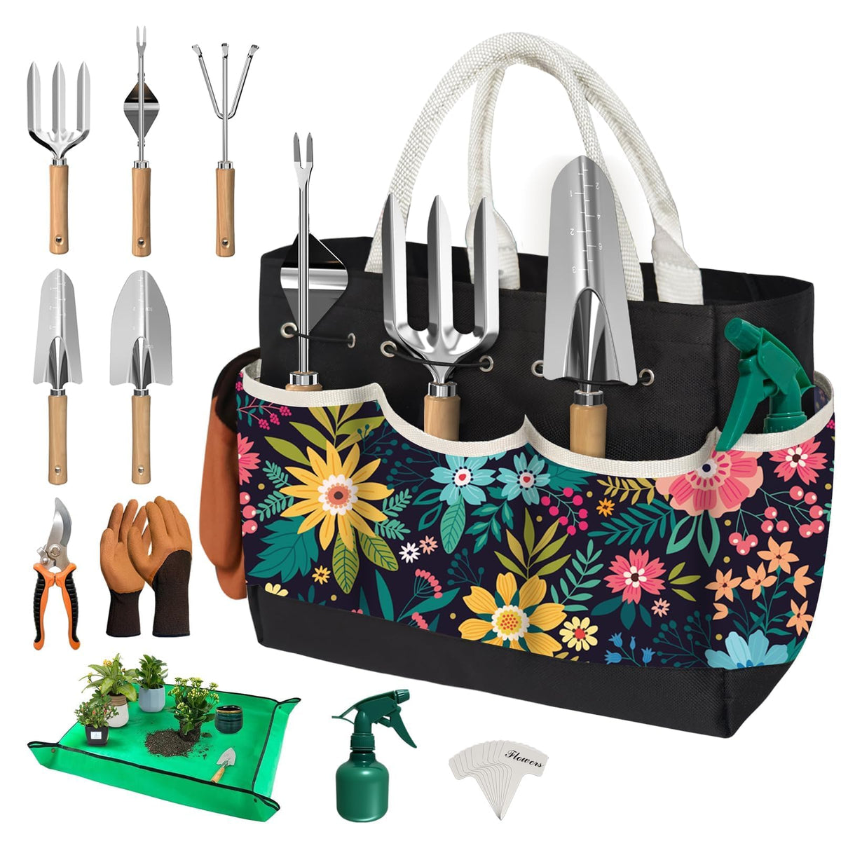 22Pcs Gardening Tools Set for Women Heavy Duty Garden Hand Tool Kit Garden Gifts for Mom Beginner Gardening Accessories with Tote Bag/Shovel/Repotting Mat/Plant Labels/Gloves-Black