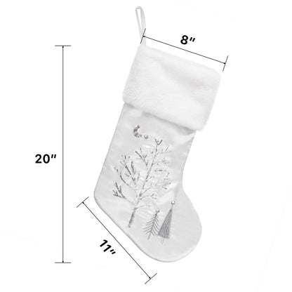GEX Christmas Stockings 6 Pack for Family 20" Large Silver Gray Satin with Sequins Faux Fur Rhinestones Embroidered Classic Luxury Fireplace Tree Decorations Ornament for Xmas Season (Set of 6)