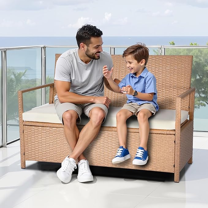VEVOR Outdoor Storage Bench, 2-Person PE Rattan Storage Bench, 70 Gal Deck Box with Cushion, Supports up to 265 lbs, Weatherproof Outdoor Seating & Porch Decor for Patio Garden Balcony Yard