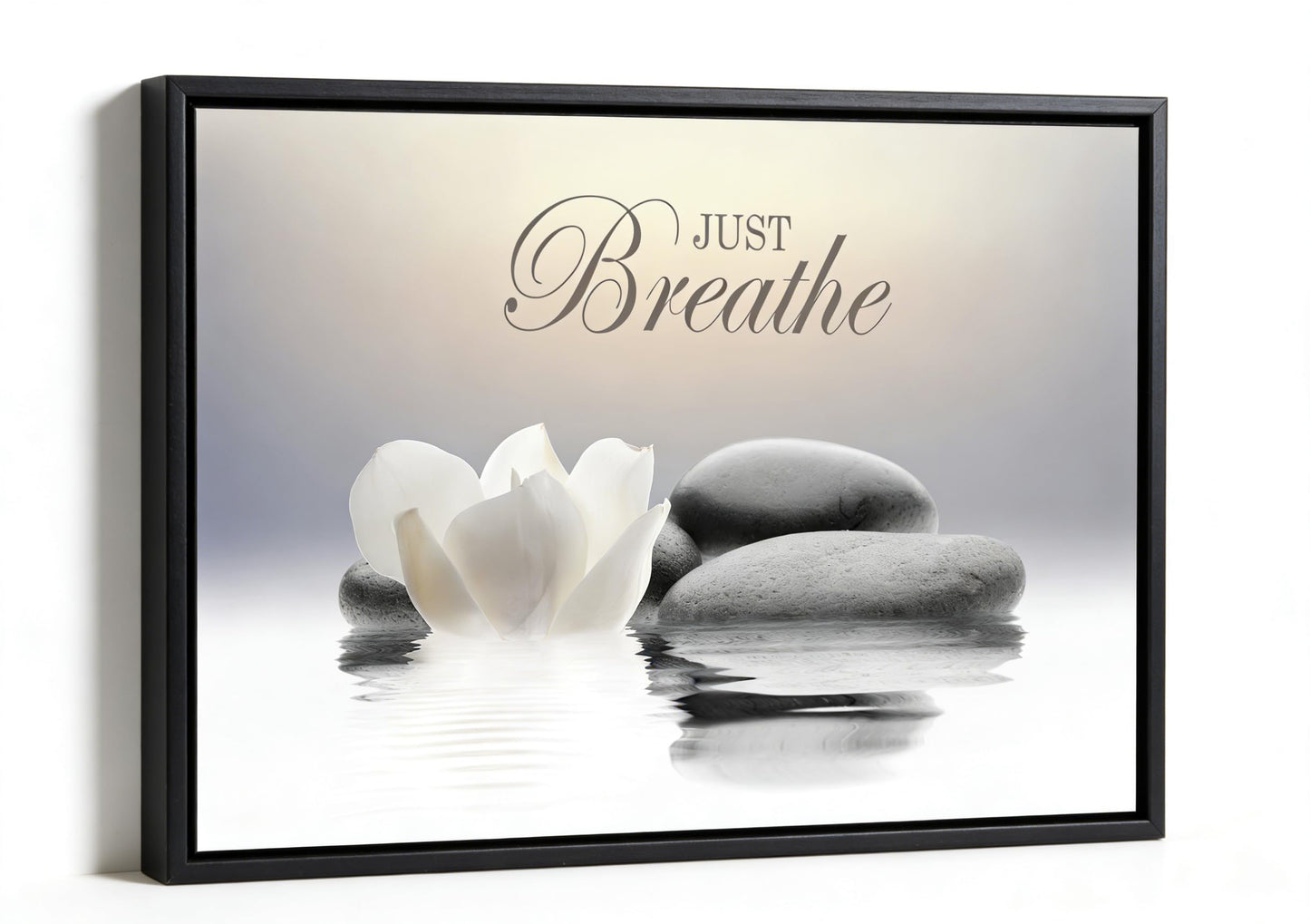 MKCIPJWC Black Framed Zen Stone Wall Art Just Breathe Yoga Quotes Wall Decor White Lotus Flower Canvas Print for Spa Bathroom 12x16 Inch