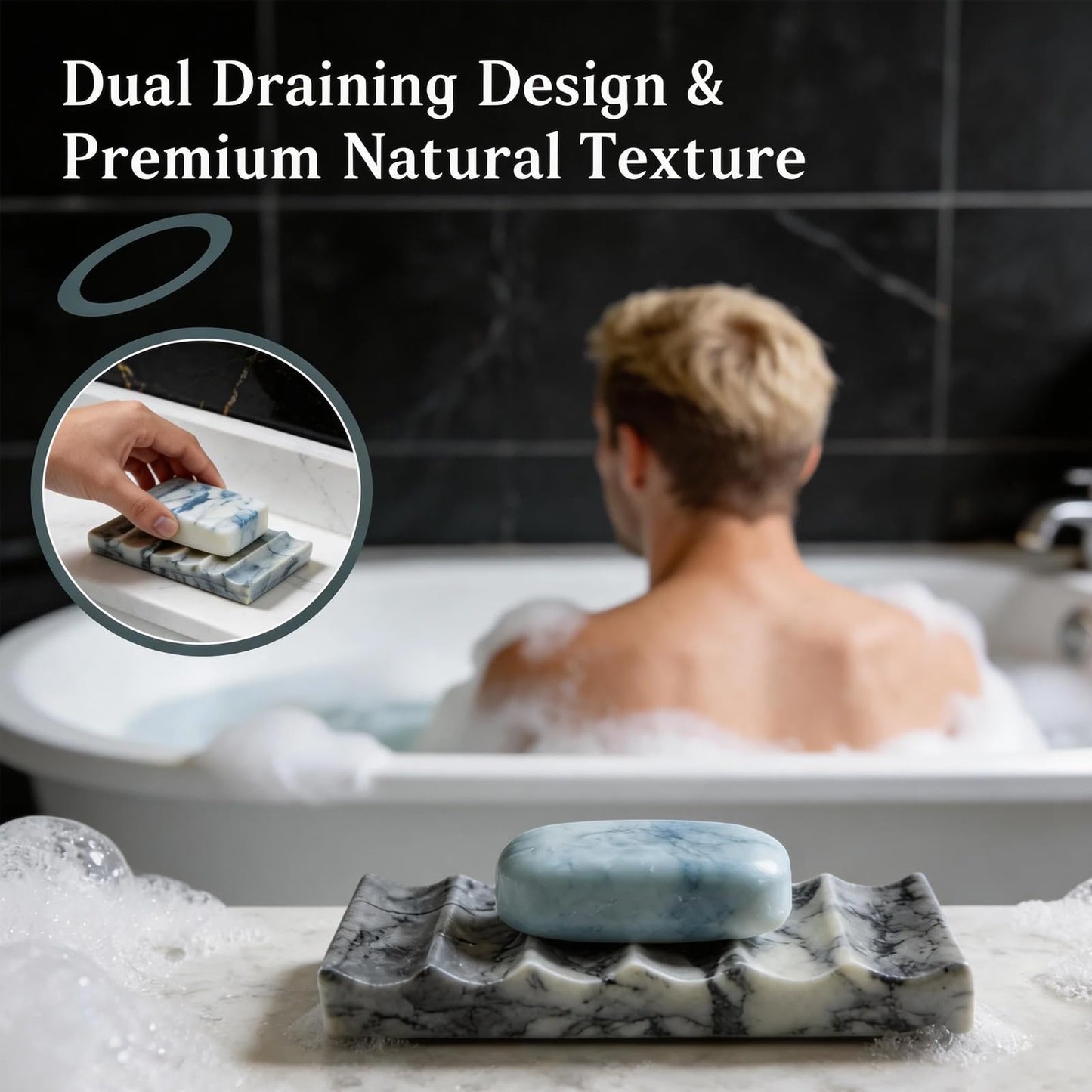 Green Marble Soap Dish, Natural Stone Soap Tray for Shower, Elegant Bar Soap Holder for Bathroom, Kitchen, Countertop, Waterfall Design for Fast Drying