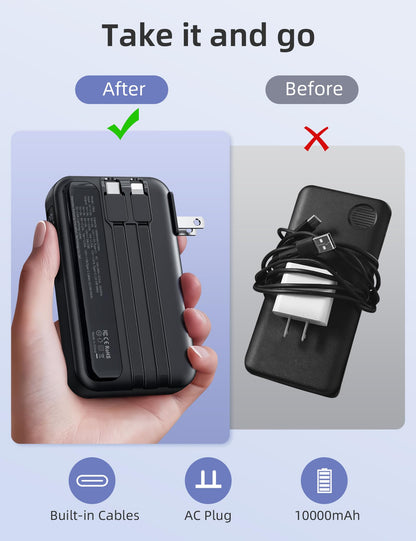 RORRY Portable Charger Built in Cables, AC Wall Plug In Portable Charger Power Bank 10000mAh Travel Battery Pack 22.5W Fast Charging for iPhone 17/16/15 Samsung Galaxy S25/S24/S23 Pixel LG iPad, Black
