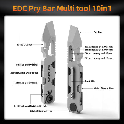 EDC Pry Bar Multitool with Bi-Directional Ratchet Screwdriver & Everlasting Pen, Wrenches, Crowbar, Bottle and Box Openers - Your Versatile Companion for Everyday Carry and Camping Accessories