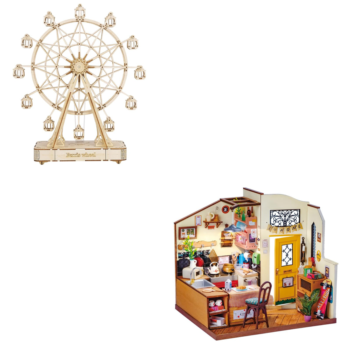 Rowood 3D Wooden Puzzle for Adults, DIY Miniature Dollhouse Kits, Homey Kitchen Bundle Ferris Wheel, Birthday