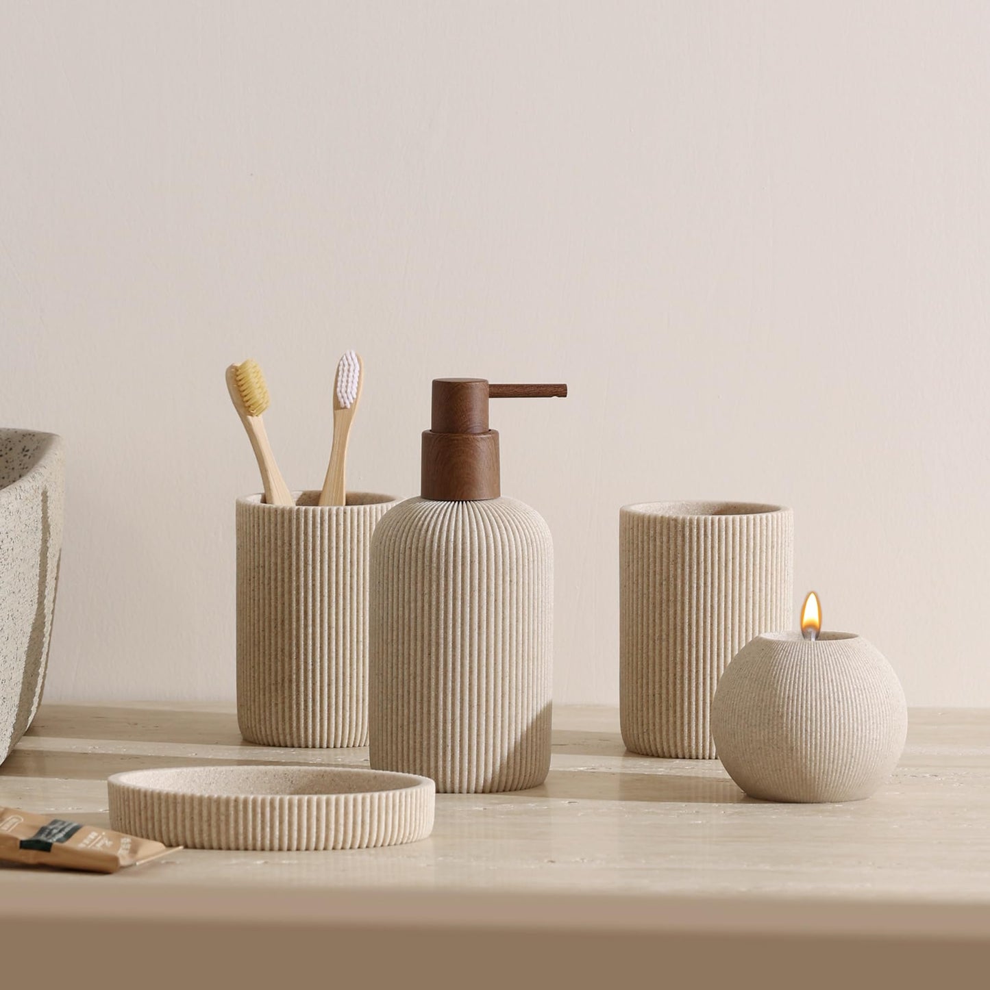 WUUAHOME Bathroom Accessories Set, 5 PCS Sandstone Look Stripe Modern Bath Organizer with Soap Dispenser, Toothbrush Holder, Tumbler, Soap Dish, Candle Holder for Countertop Kitchen Sink (Beige)