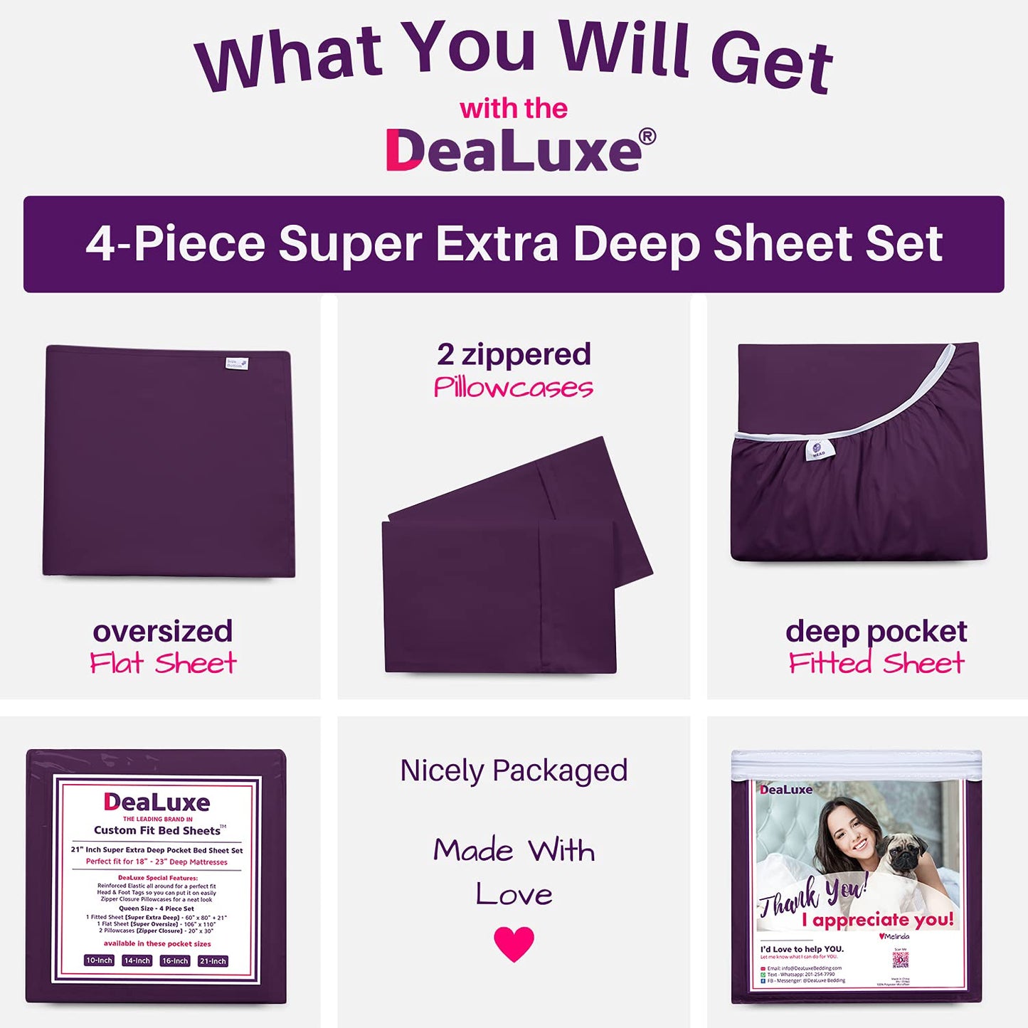 Deep Pocket King Size Sheets – 21” Extra Deep Pocket King Size Sheets – [4 Piece Set] King Bed Sheets Oversize Flat Sheet, Fitted Sheet, 2 Zippered Pillowcases 18”–23” Deep Pocket King Sheets – Purple