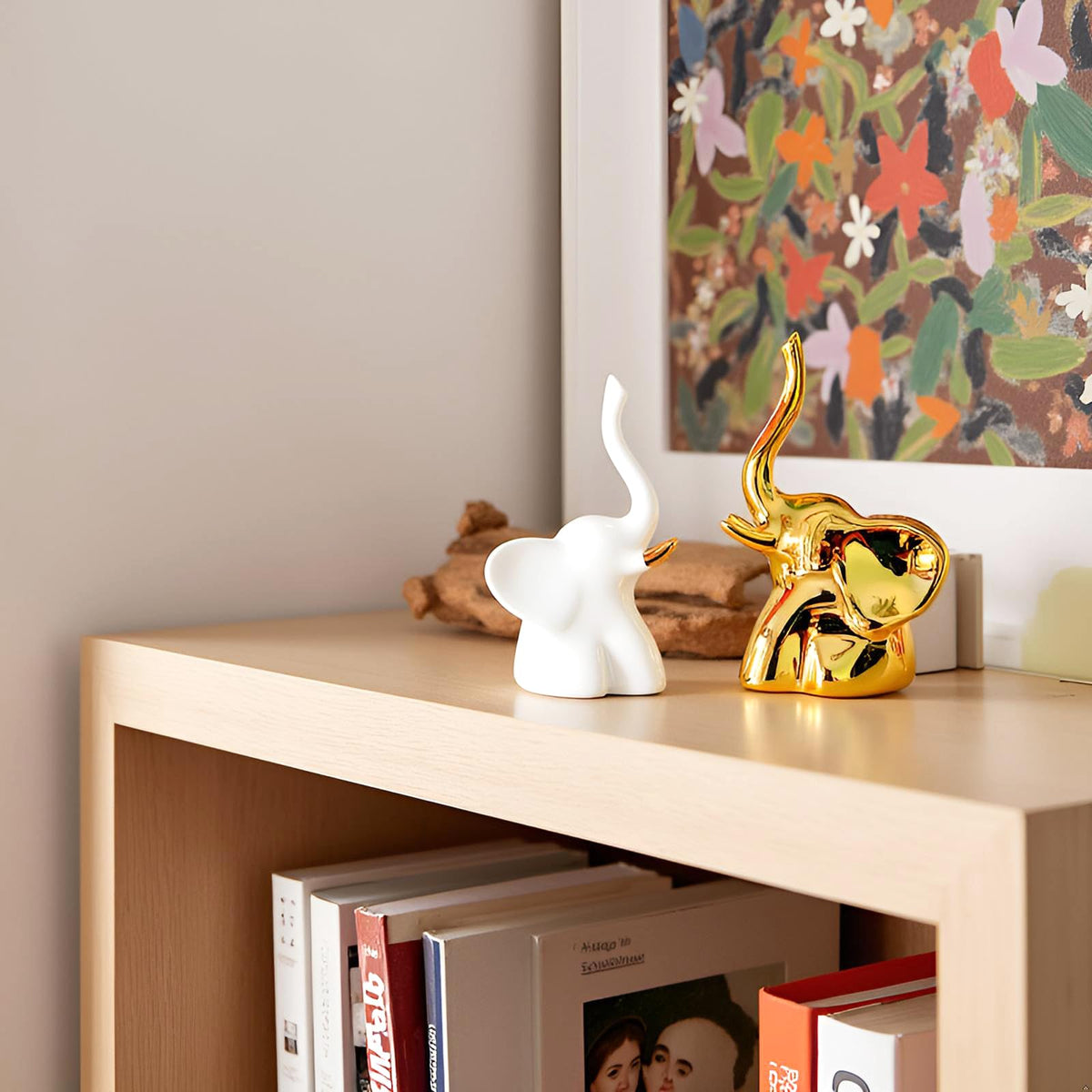 BIHOIB Home Decor Elephant Statues,1 Pair, Small Decorative Accents for Shelves, Livingroom and Bedroom, Gold and White