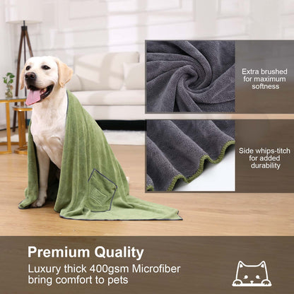 PETTOM Dog Towels for Drying Dogs 2 Pack, Dog Drying Towel with Hand Pockets, Super Absorbant Microfibre Pet Towels for Dogs Puppys Cats, Pet Shower Bath Towel Machine Washable, Grey and Green