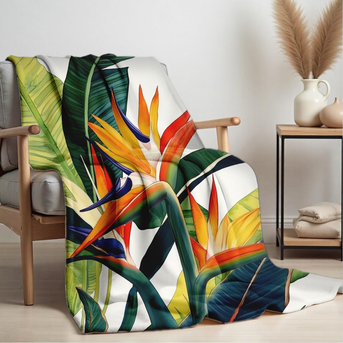 HUNXIAOJ Paradise Throw Blanket Birds Tropical Flowers Print Throw Floral Flannel Blanket for Sofa Bed Couch Office Home Decor Nature Botanical Lovers Gifts (49"x59")