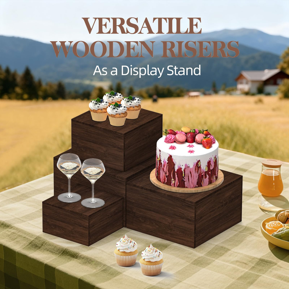 VANITURE 8 PCS Wooden Buffet Risers, Rustic Wood Cake Cupcake Stands, Square Food Risers for Buffet Table, Catering Dessert Table Display Set, Stackable Wooden Crates for Party, Decor, Wedding, Birthday