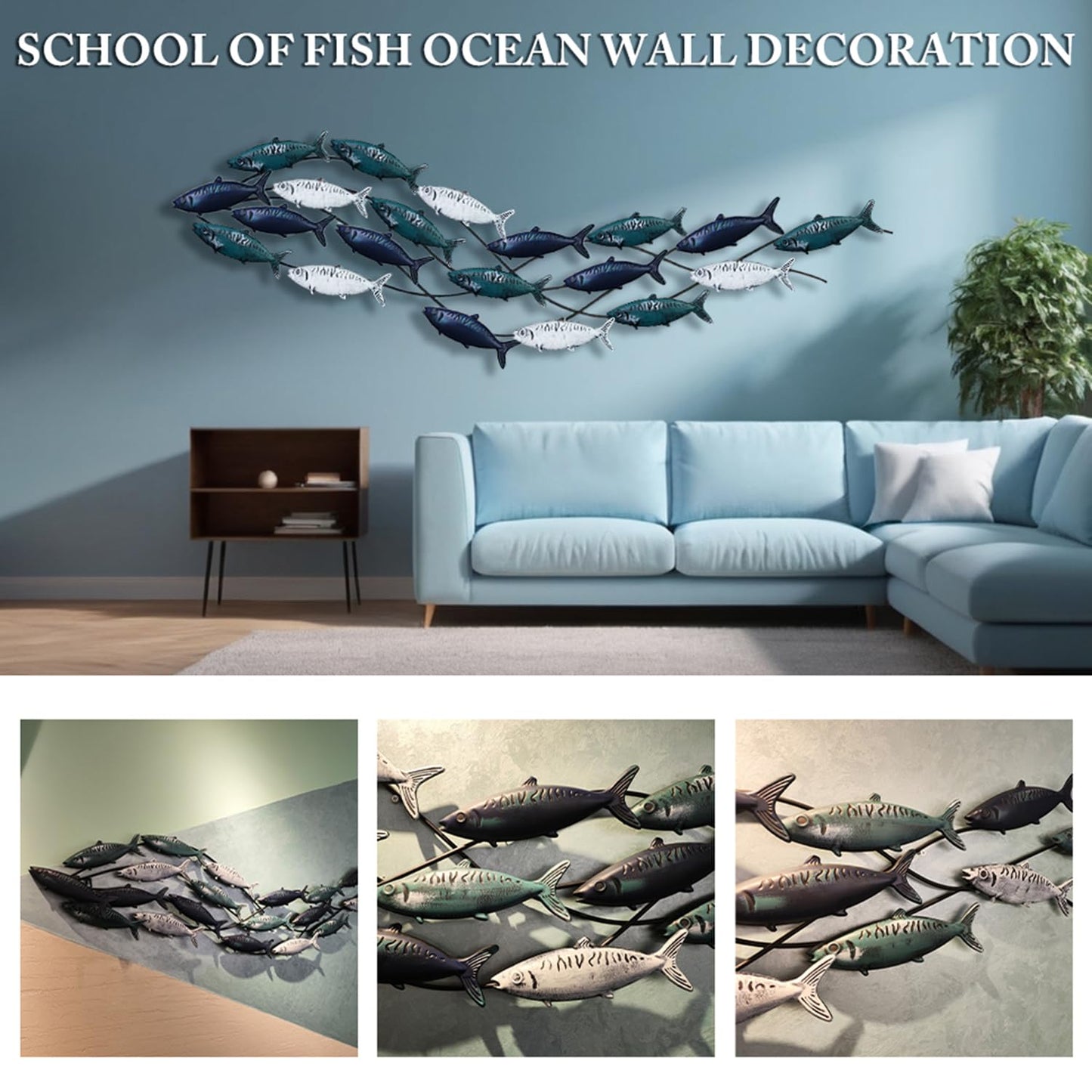 Coastal Metal Fish Wall Decor, Large Nautical Fish Wall Décor,School of 20 Fish Wall Art,3D Fish Wall Sculpture,Fish Metallic Art Decor,Perfect for Living Room,Bedroom,Beach Or Boat Decor,59" X 16.5"
