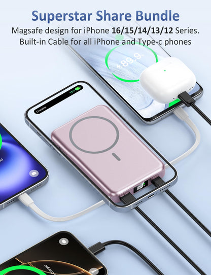 Magnetic Portable Charger, 10000mAh Power Bank, 5 in 1 Portable Charger with Built in Cable, 20W Fast Charging for Magsafe Battery Pack Compatible with iPhone 17/16/15/14/13/12 Pro/Pro Max Series