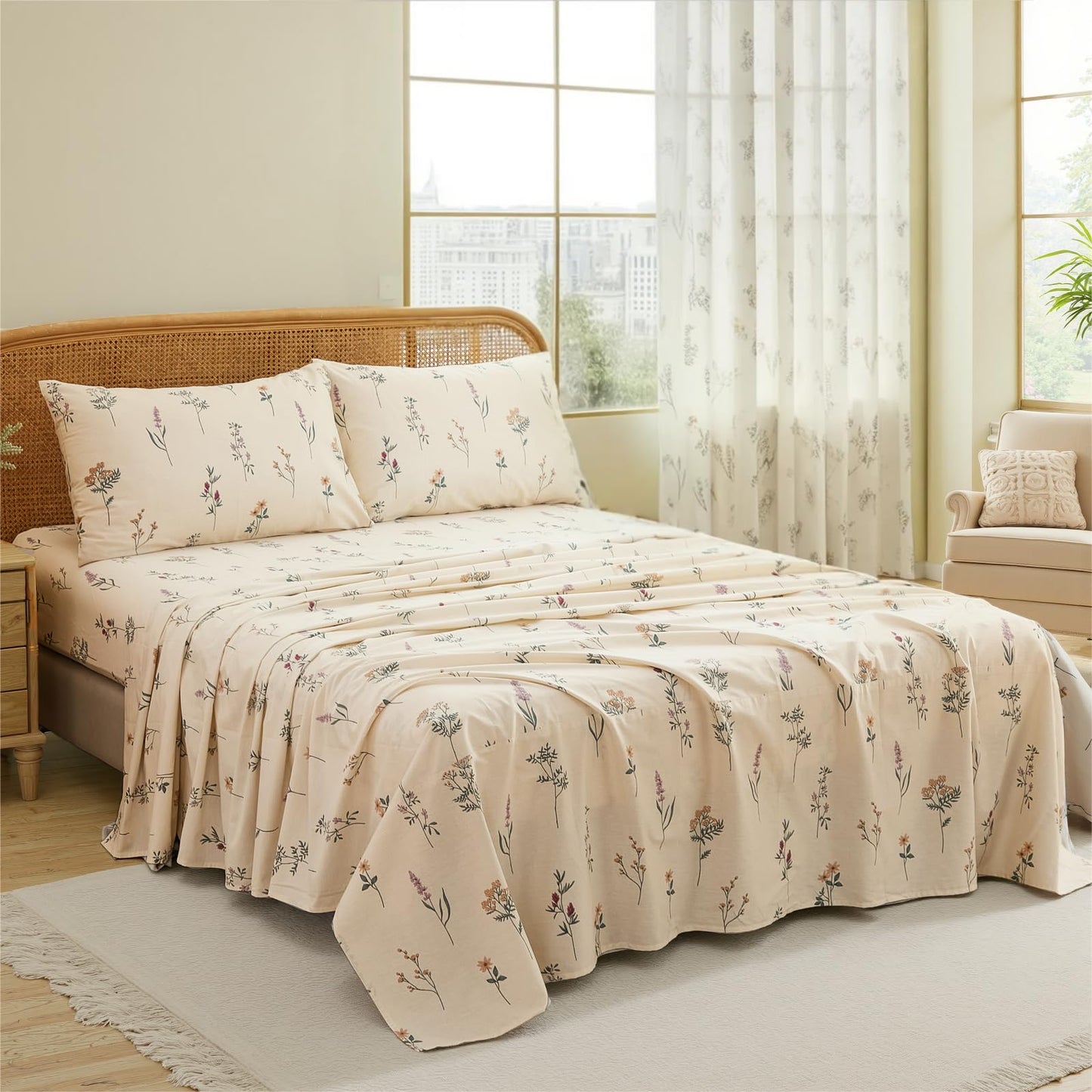 Cozaline Cream Floral Sheets Set King Size 100% Cotton, 4 Pieces, Soft & Breathable Percale Weave Bedding, Deep Pocket 17.5", Crisp Cool Feeling, Durable, Perfect Cute Floral Bed Sheet