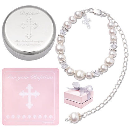 Tryuunion Baptism Bracelet in Sterling Silver and Cultured Pearls for Baby Girls, with Silver-plated Jewelry Keepsake Box, Great Catholic Christening and Baptism Gifts for Girl