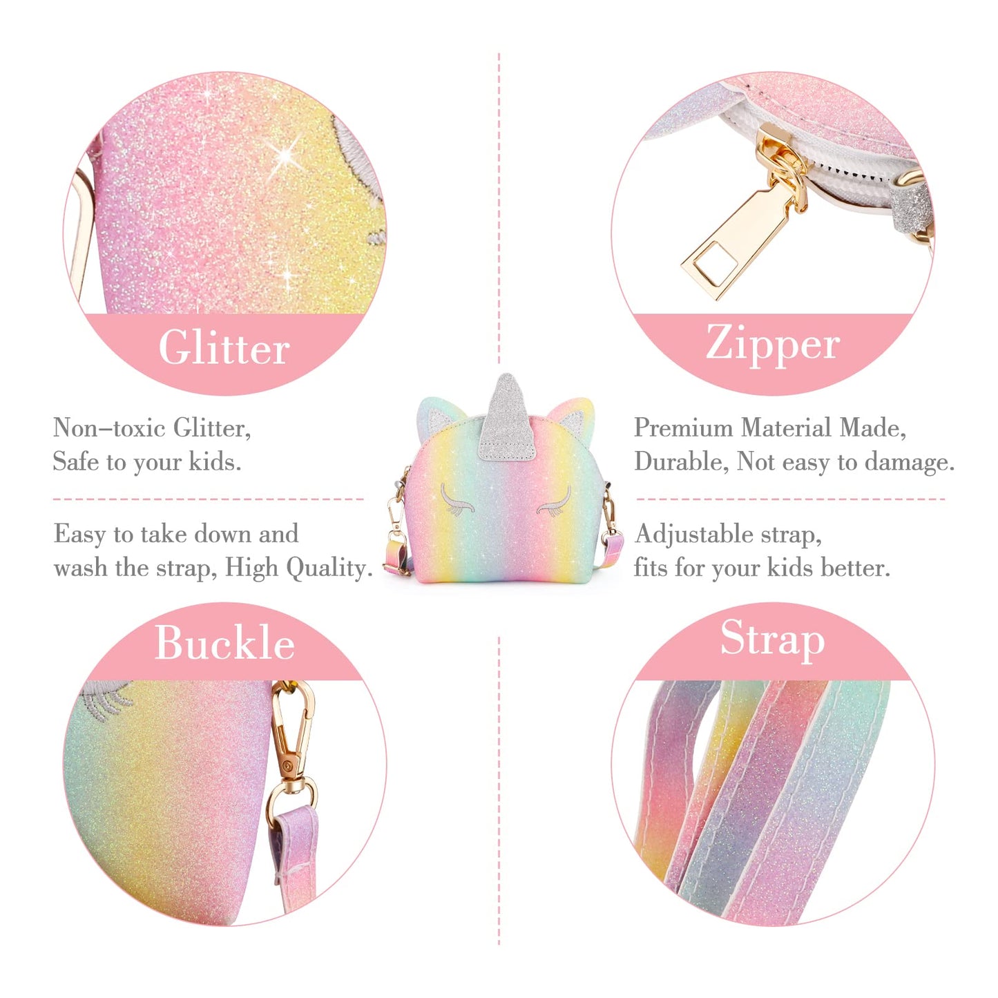 JYPS monedero unicornio para niñas, 7 monederos lindos para niños, bolsos cruzados con juego de joyas para niños, regalos de cumpleaños, juguetes de unicornio.