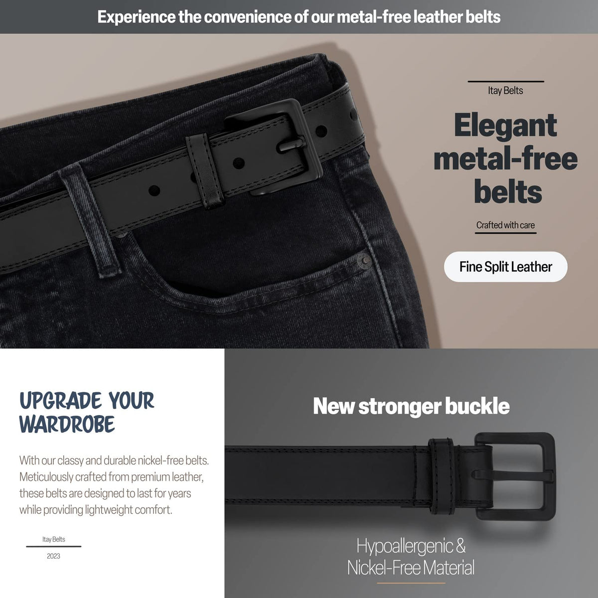 ITAY Metal Free Hypoallergenic Leather TSA Belt Strap, Adjustable Nickel Free Mens Belt, Non Metal Belts for Men, Strudy Airport Friendly TSA Belts for Men
