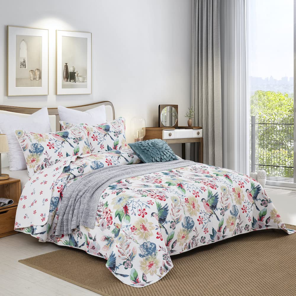 DAUAOTO Cotton Quilt Set Queen Size,Bed Coverlet Reversible Bedspread (Pattern Bird & Floral)