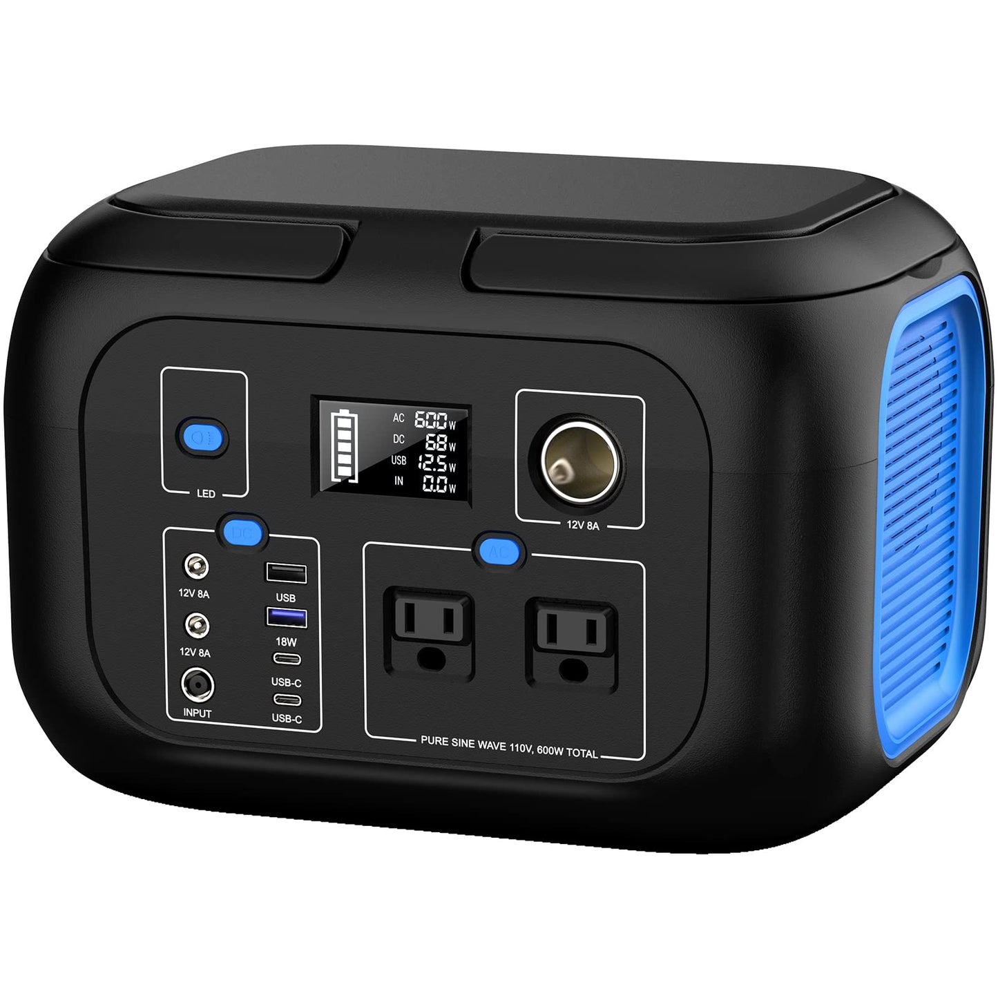 Portable Power Station 600W Power Bank 296Wh Solar Generator Lithium Battery Portable Generator Fast Charging with LED Light Battery Pack 9 Outputs Power Supply for Home Camping Emergency Backup