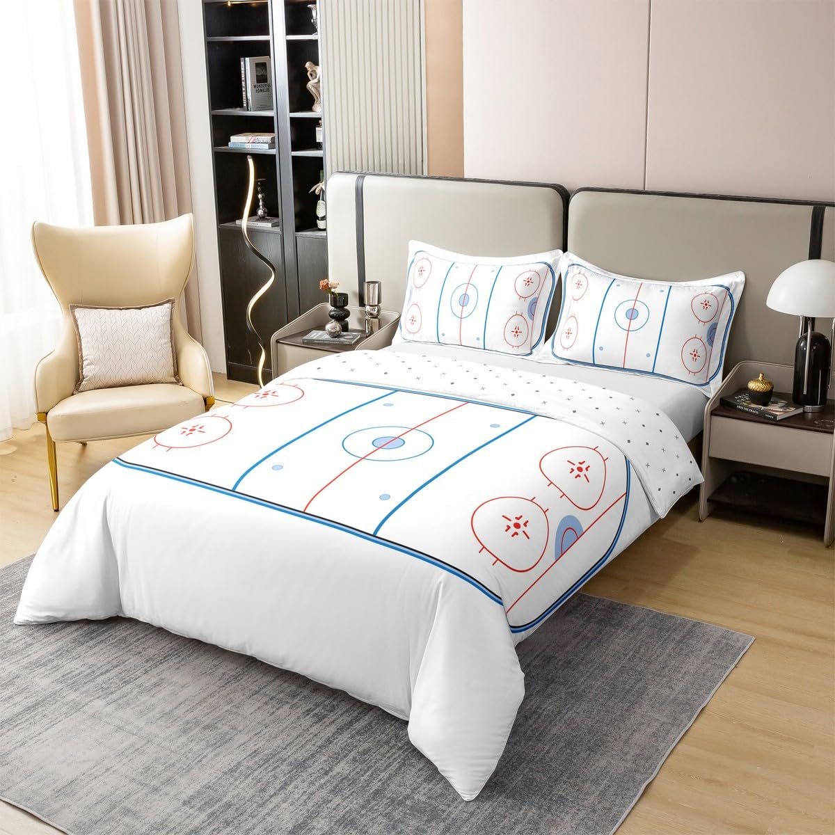 Erosebridal Hockey 100% Cotton Duvet Cover Twin Size,Ice Puck Hockey Rink Bedding Set for Boys Kids Teens,Winter Sport Game Comforter Cover,Red Blue Stripes Decor Bedspread Cover with 1 Pillow Case