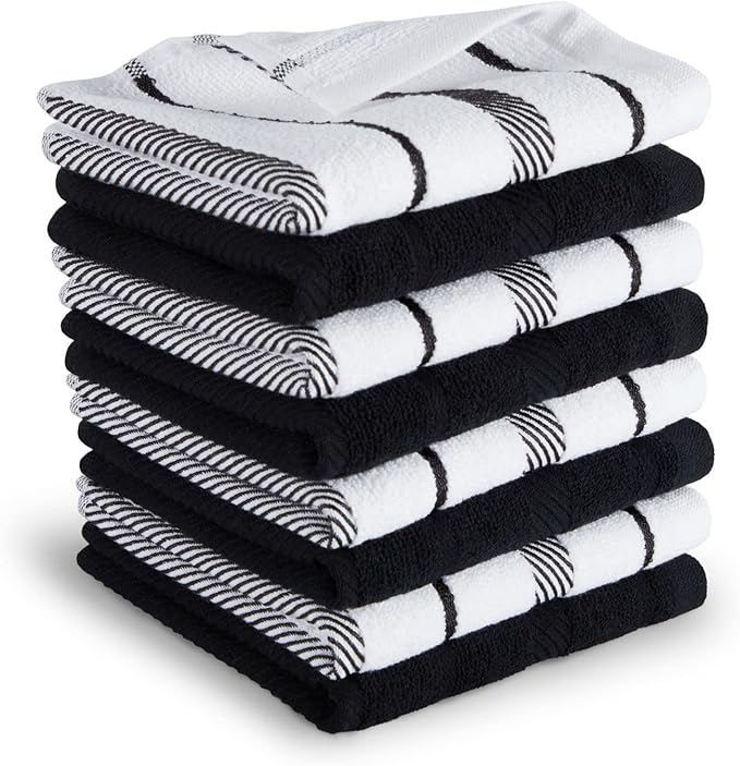 KitchenAid Albany Dishcloth 8 Pack Set, Matte Black/White
