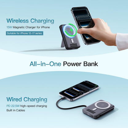 2026 Latest Wireless Power Bank, 12800mAh Portable Charger with Built in Cables, LED Display Magnetic Battery Pack Travel Essentials for iPhone 17/16/15/14/13/12/Pro/Mini/Pro Max Andriod (Black)