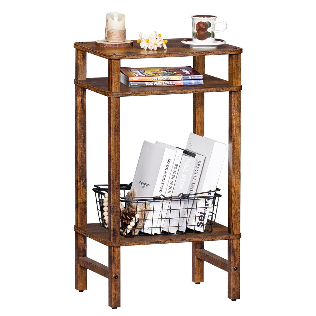 YUFAM Side Table End Table Tall Night Stand 3-Tier for Living Room Bedroom Bathroom Office Furniture Brown