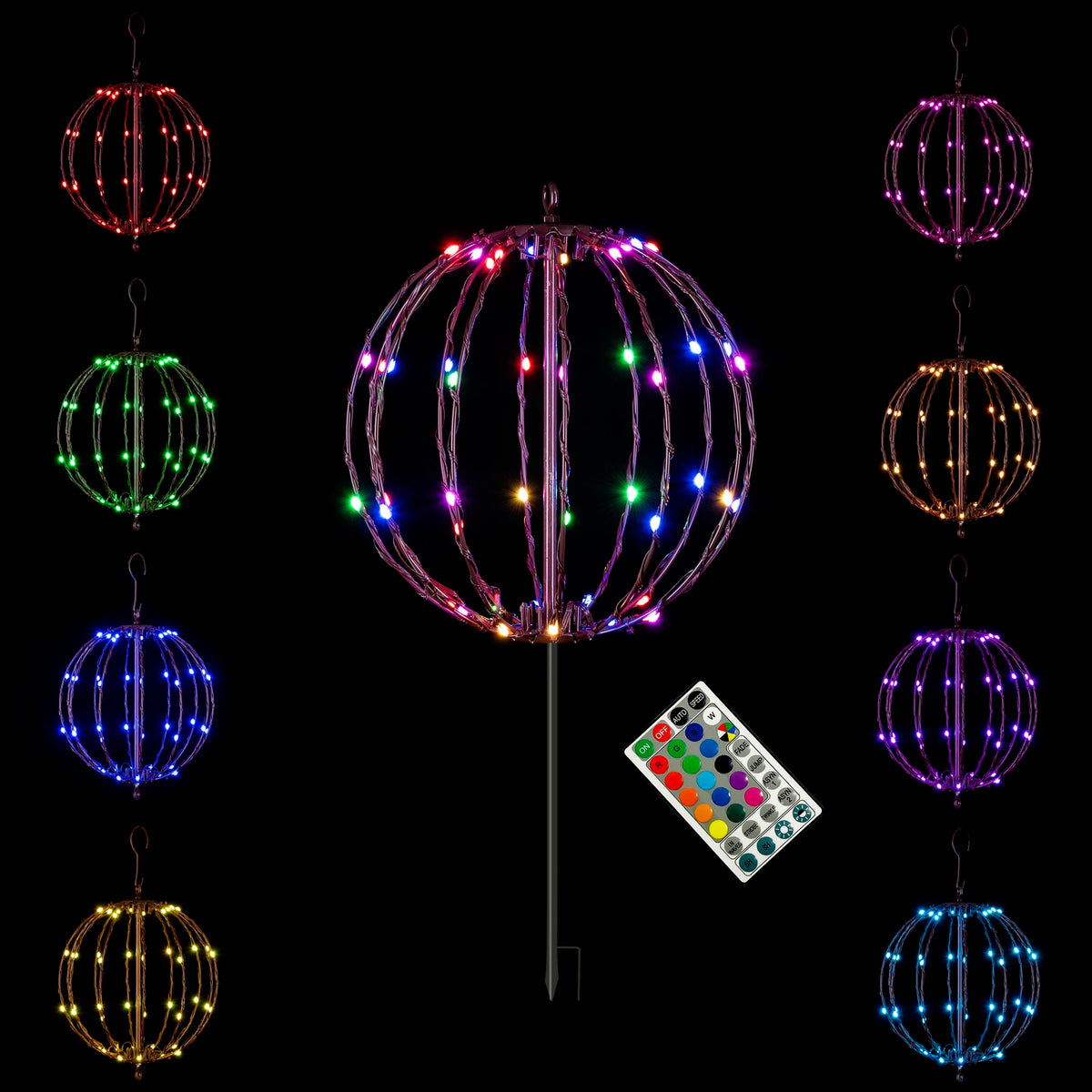 LIGHTSHARE 10IN 48LED Light Ball Yard Decoration Pathway Lights Sphere with Remote Control Fold Flat Metal Frame Indoor Outdoor Waterproof Garden TJQ25B-RGB Brown Frame / RGB 10''