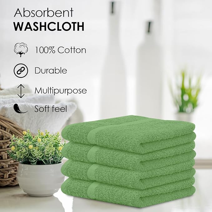 Avalon Towels Cotton Washcloths 24-Pack – 12 x 12 Inch Sage Green Super Soft &