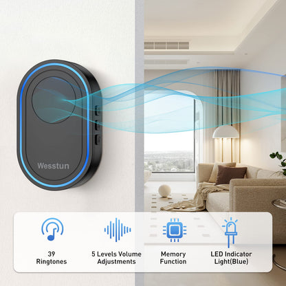 Wesstun Wireless Doorbell with 2 Receivers, IP67 Waterproof Door Chime Kit Operating at The Range of 300m, 2 Plug-in Door Bell Receivers with 39 Ringtones, LED Light & 5-Level Volume Control, Black