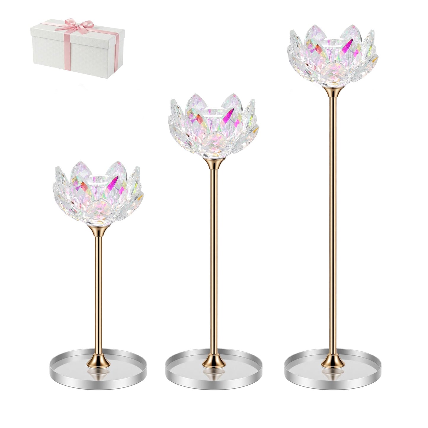 3pcs Crystal Candle Holders, Lotus Flower Candlestick Holders with Mirror Base, Metal Stand, Elegant Table Centerpieces for Home Decor, Wedding, Party (Taper Candle)