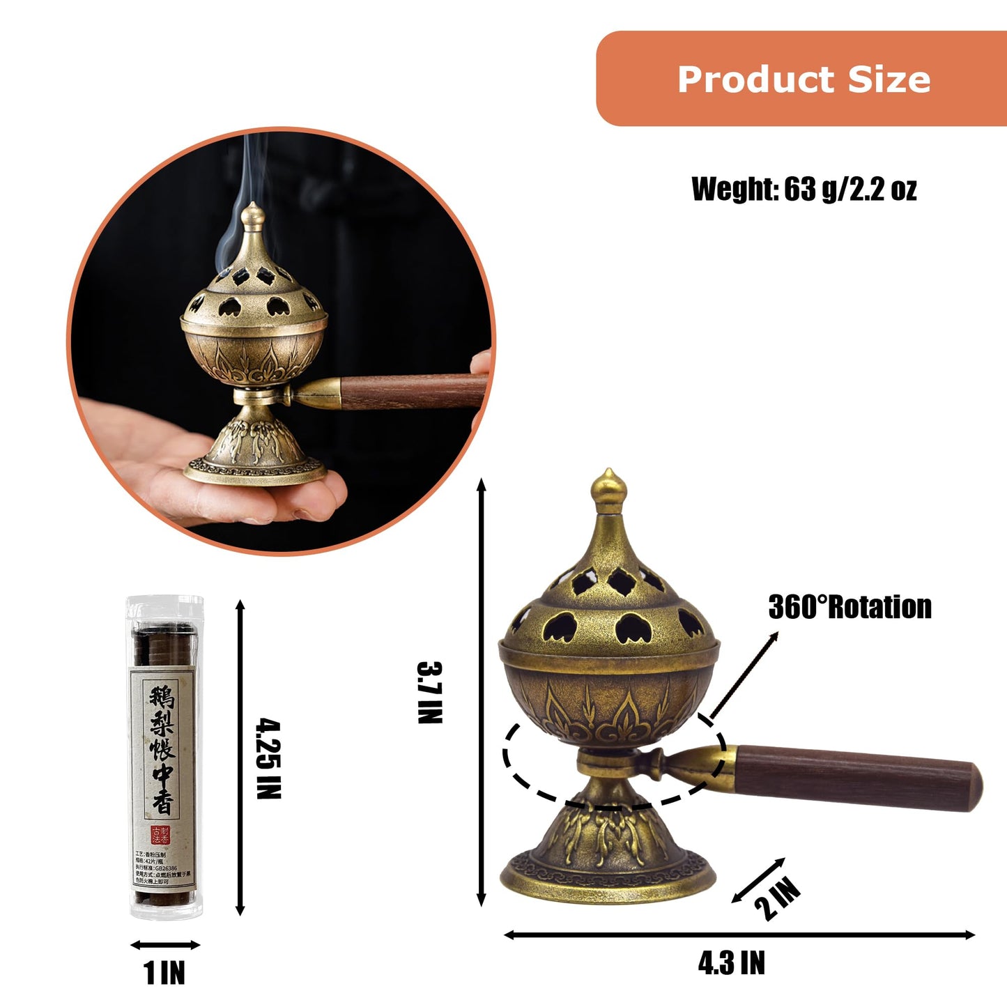 Handheld Incense Burner, 360° Rotating Handle with Incense Coils