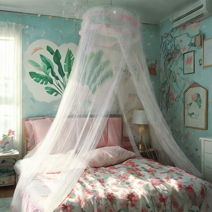 Eimilaly Lace Bed Canopy Mosquito Netting with Warm Lights, Princess Bed Canopy for Girls Room Decor, White/Single Door