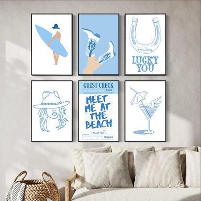 lkjhgf999 6Pcs Coastal Cowgirl Wall Art Surfer Girl Canvas Posters Blue beachy wall decor Cowgirl Room Decor Preppy Aesthetic Pictures Prints for Teen Girl Dorm Apartment Decoration 12x16in