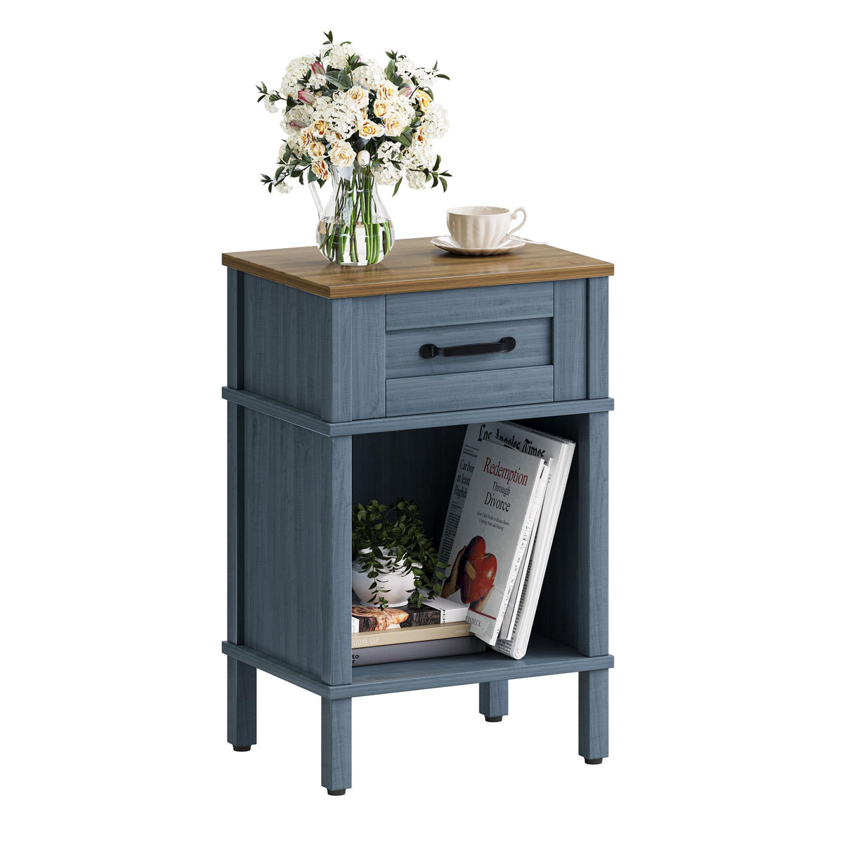 YAUKTAK Small Farmhouse Nightstand, Wood Night Stand Set, End Table with Drawer, Small Rustic Wooden Bedside Table, Bed Side Table for Bedroom, Blue end Table with Storage for Bedroom LET512LR
