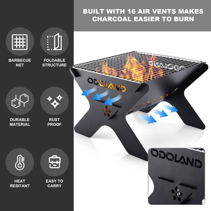 Odoland Camping Fire Pit, Portable Fire Pit for Camping, 2 in 1 Wood Burning Fire pit Grill with Detachable Cooking Grate for Outdoor BBQ, with Carry Bag