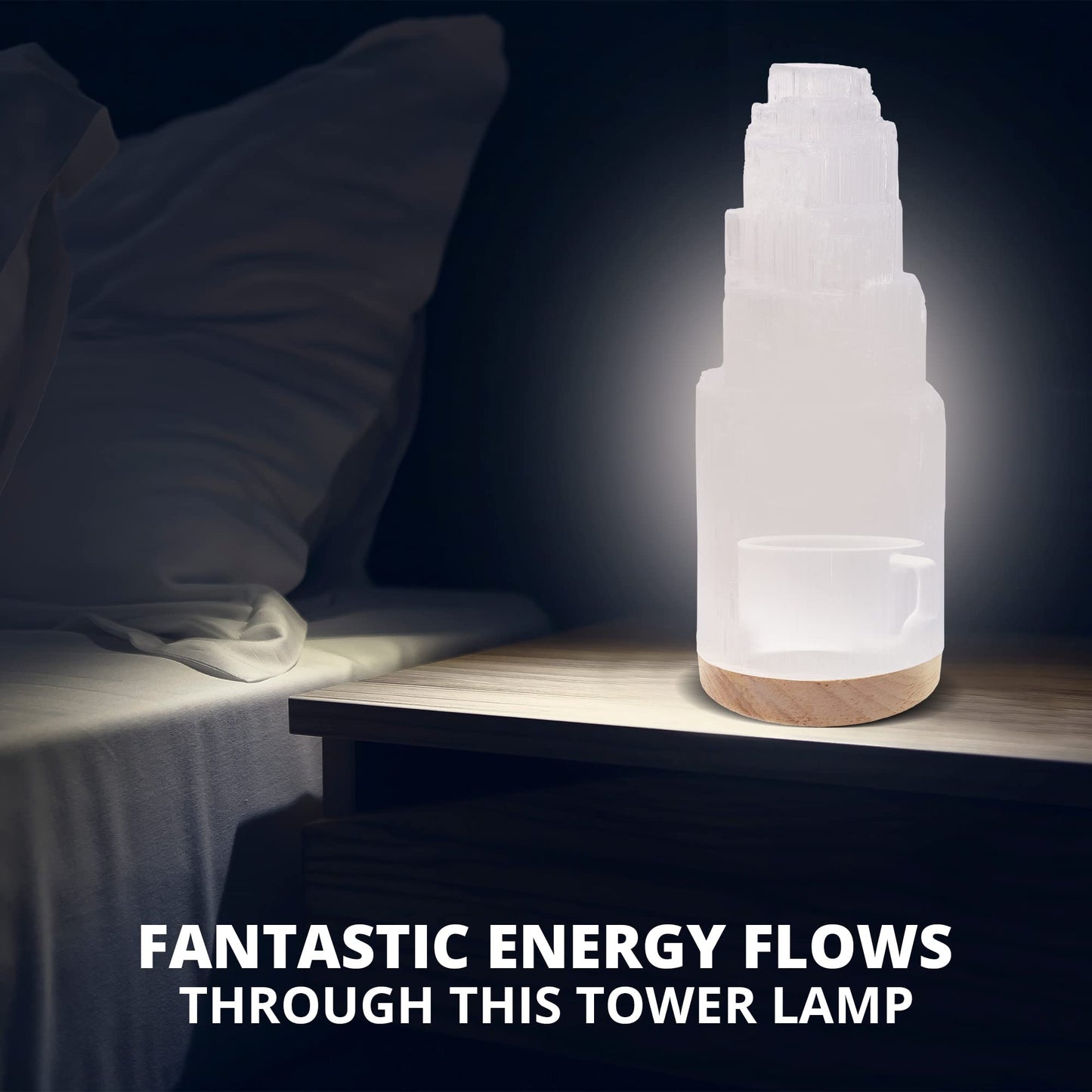 Salt 84 Selenite Crystal Lamp, 20 cm Tall, High Energy Skyscraper Lamp with Wooden Base & USB Charging Cable, ETL Certified, Hand Curved Selenite for Spiritual Protection and Therapy