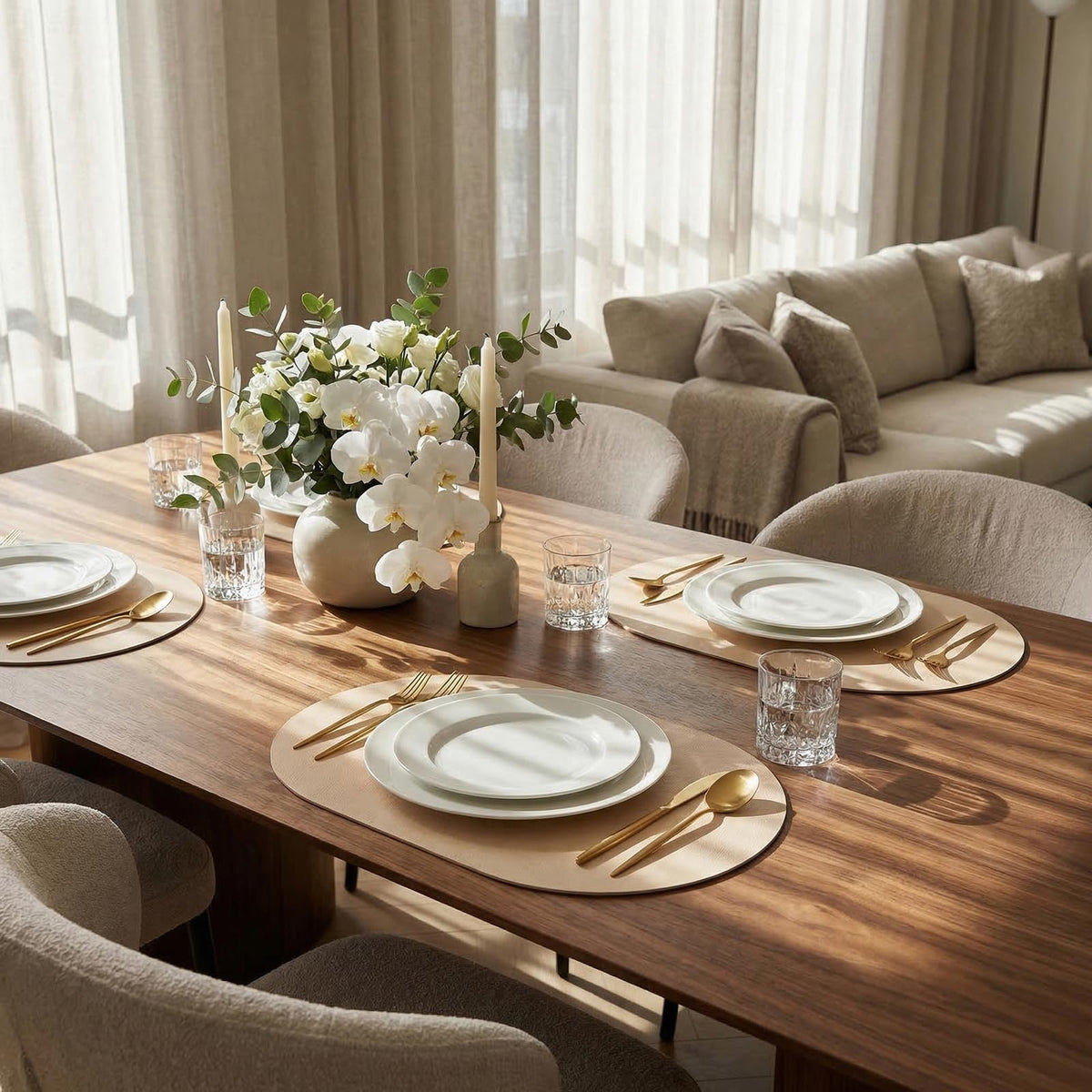 BIPASION Placemats, Oval Placemats 2mm Ultra Thick Faux Leather Table Mats, Heat Resistant Waterproof Wipeable Dining Mats for Kitchen Table, Set of 8, Beige
