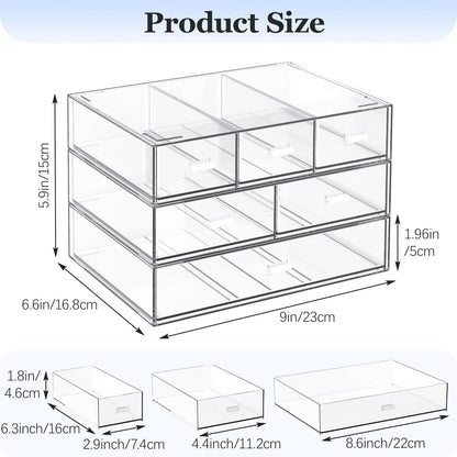 3 Tier Stackable Desk Organizer with 6 Drawers, YOCOMEY Plastic Desktop Storage Box Drawers, Detachable Makeup Storage Office Stationery Supplies Organizer for Office School (All Clear)