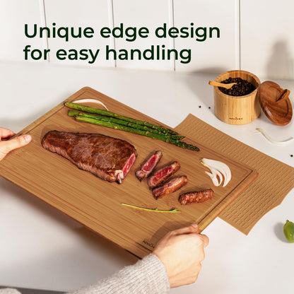 Keechee 2Pcs Cutting Board Set with Non-slip Mat, Bamboo Cutting Boards for Kitchen Meal Prep & Serving - Wood Serving Board Sets with Deep Juice Groove Ideal Kitchen Gifts