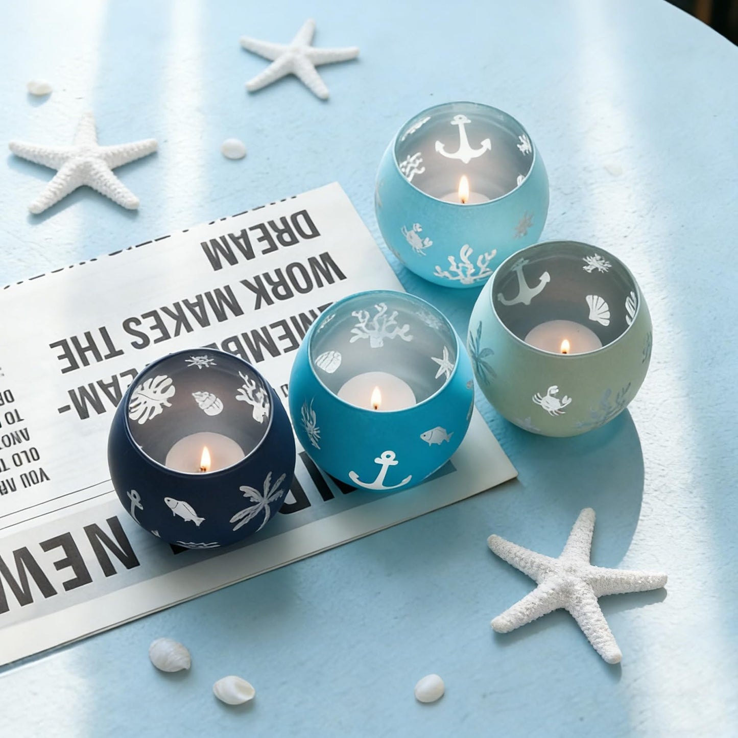 Coastal Ocean Glass Votive Candle Holders Set of 4, Laser Etched Nautical Tealight Holders with Anchor, Palm Tree & Sea Life Patterns, Summer Blue Glass Centerpiece for Home Spa Party Gift