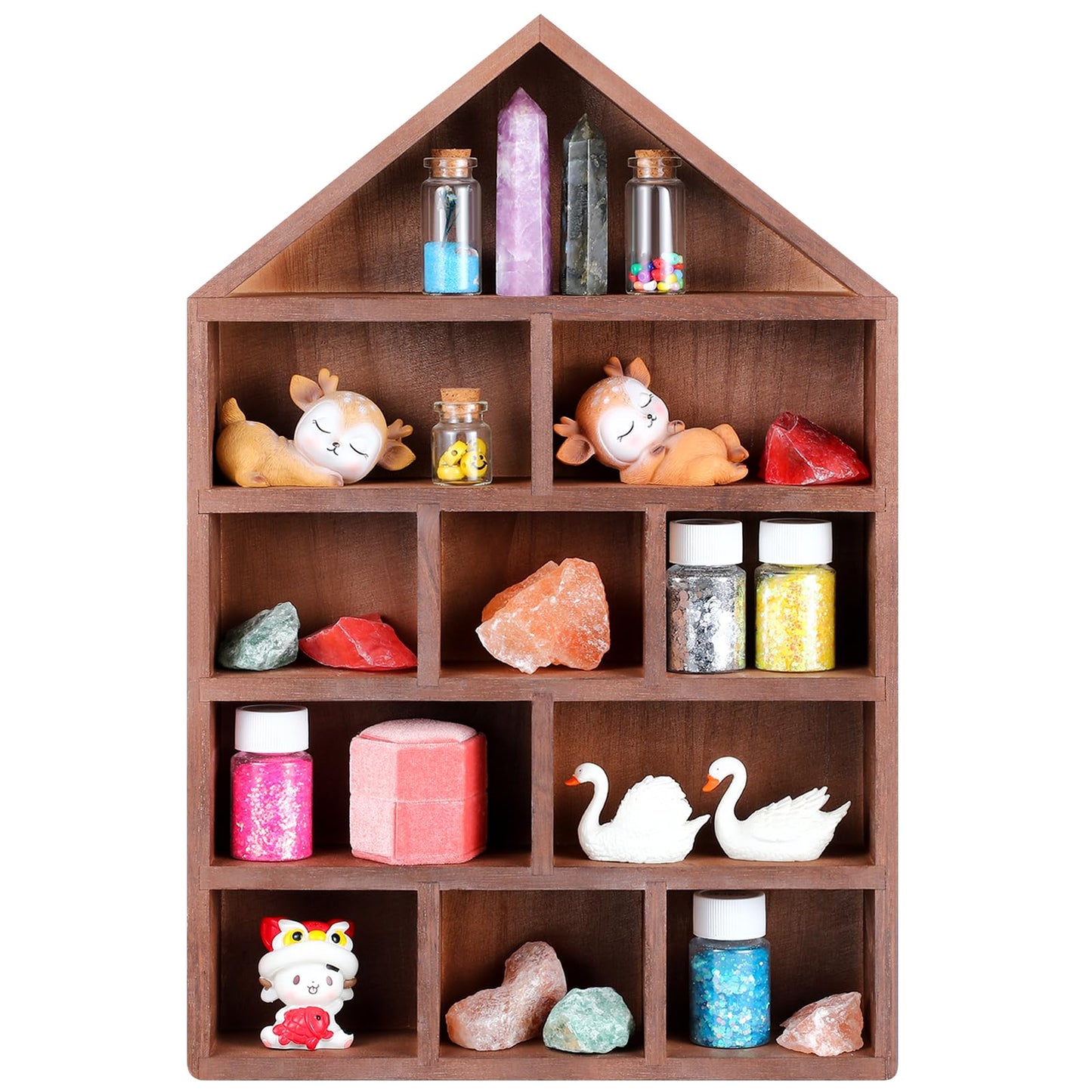 Threehoney House Shaped Wooden Shadow Cubby Box 10 W x 2 1/4 D x 15 H Hanging Display Shelf Organizer Wall Mounted Curio Cabinet Wooden Display Case Miniature Shelf for Figures (Brown)