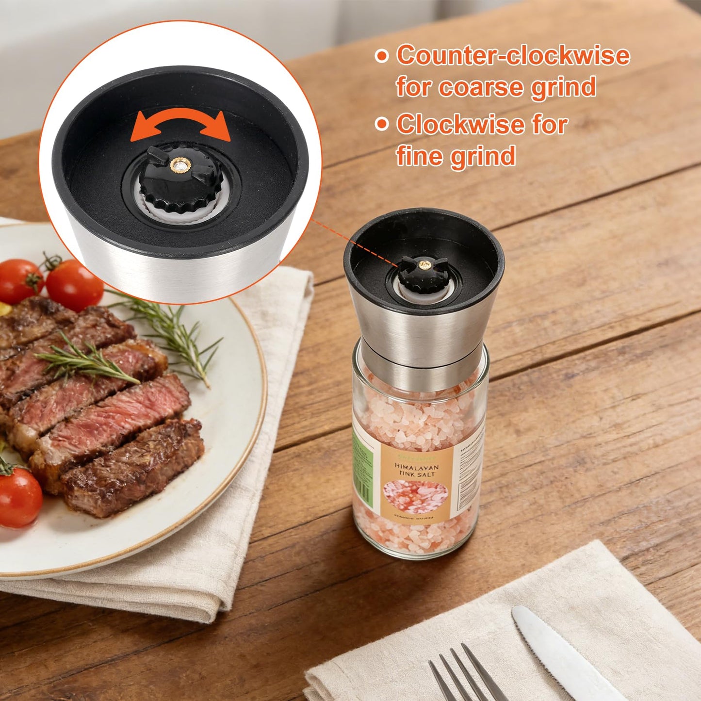 GoldenAnise Stainless Steel Salt and Pepper Grinder Set of 2 - Pre-filled with 3.5oz Black Peppercorns & 7oz Himalayan Pink Salt - Adjustable Ceramic Sea Salt & Pepper Mills, Glass Shakers for Kitchen