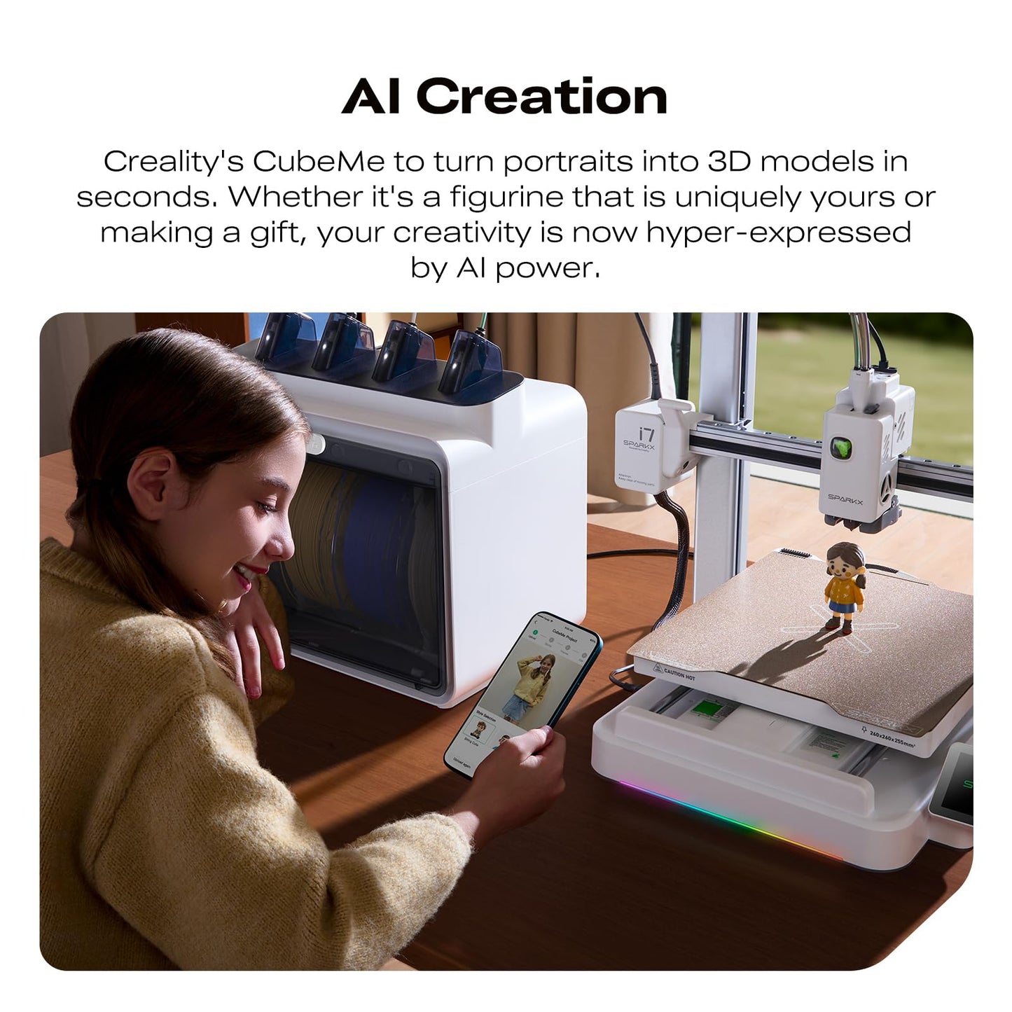 Creality SPARKX i7 Autofill Combo 3D Printer, Auto Filament Load and Refill AI Photo to 3D Printing 500mm/s High Speed Auto-Leveling RGB Light 95% Pre-Assemble Low Noise 10.24×10.24×10 inch