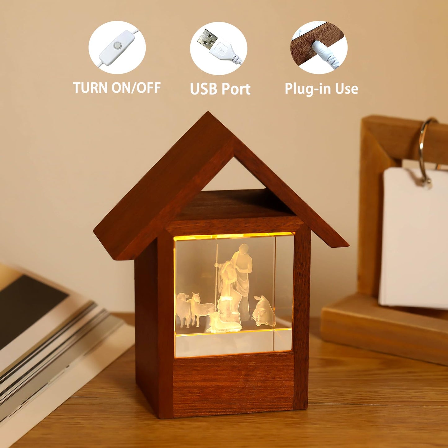 Ornalrist 3D Engraved Holy Family with Lambs Christian Gifts for Women, Wooden House Night Light Religious Gifts for Mom Grandma Christmas Presents for Home Decor