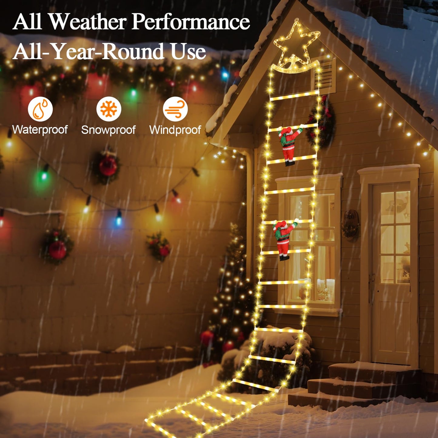 Lewondr Christmas Ladder Lights, 9.8ft Xmas Decorative Light with 2 Santa Ladder Climbing, 298 LED Lights, 8 Modes Remote Control, Outdoor Christmas Decor Indoor Window Wall Xmas Tree Decor,Warm White