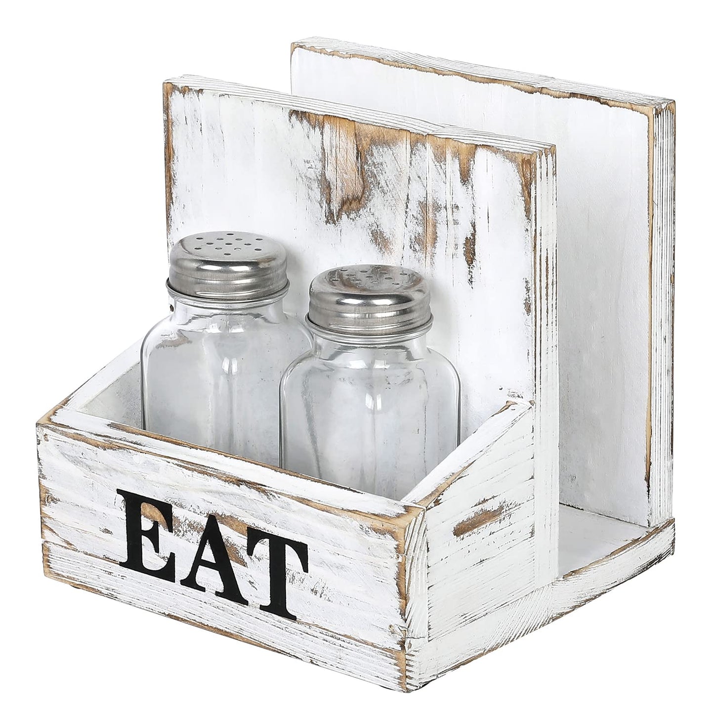 MyGift Napkin Holder for Table, Wood Napkin Holder with Salt and Pepper Shakers Set, Condiment Caddy with Bold Black Printed EAT Design, Standing Paper Napkin Storage for Kitchen Dining Table Decor
