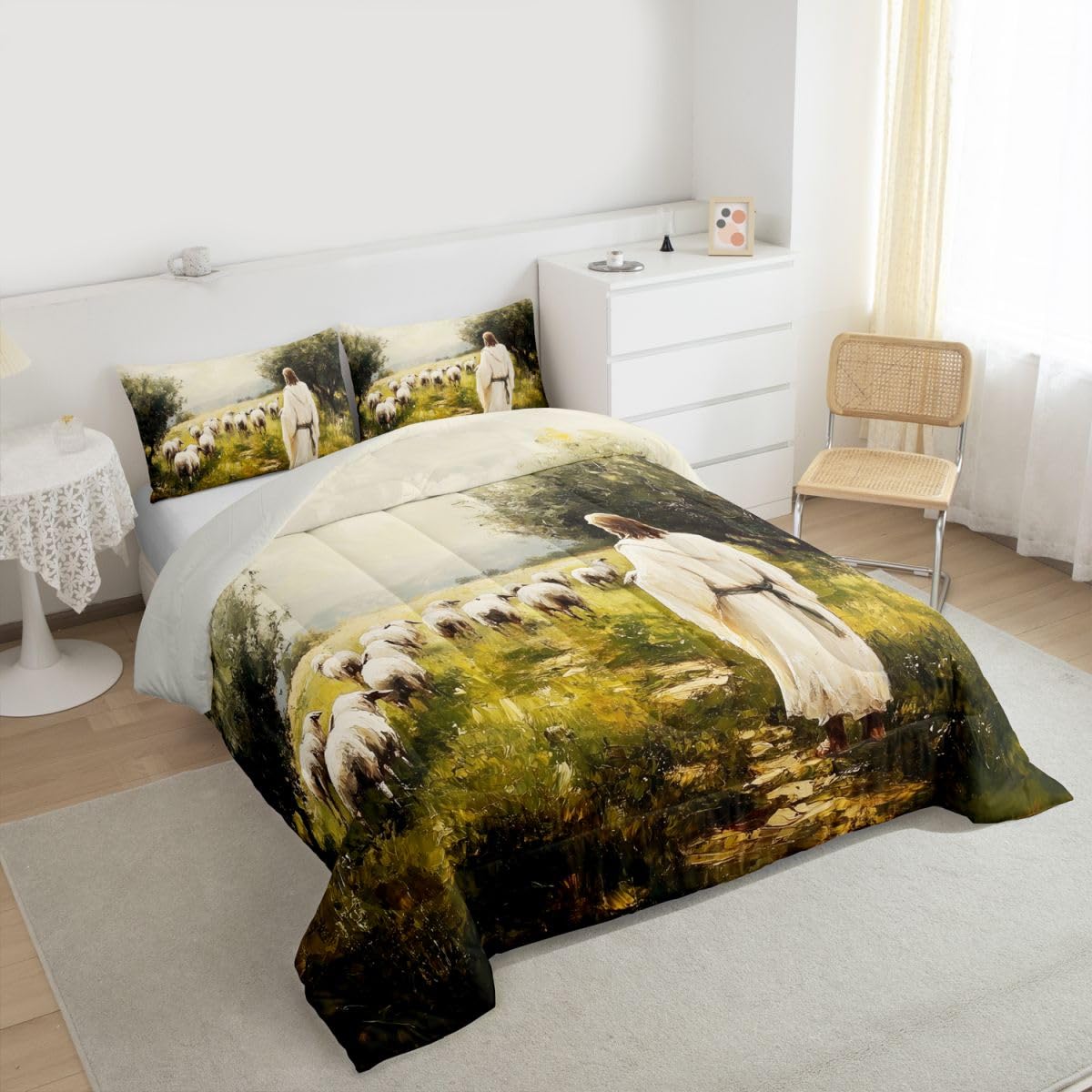 God and Lamb Kids Comforter Set Twin Size,Western Spiritual Bible Verse Bedding Set Boys Girls Room Decor,Bible Stories Spiritual Quilt Comforter,Green White Duvet Set Bedroom Quilt Set,1 Pillowcase