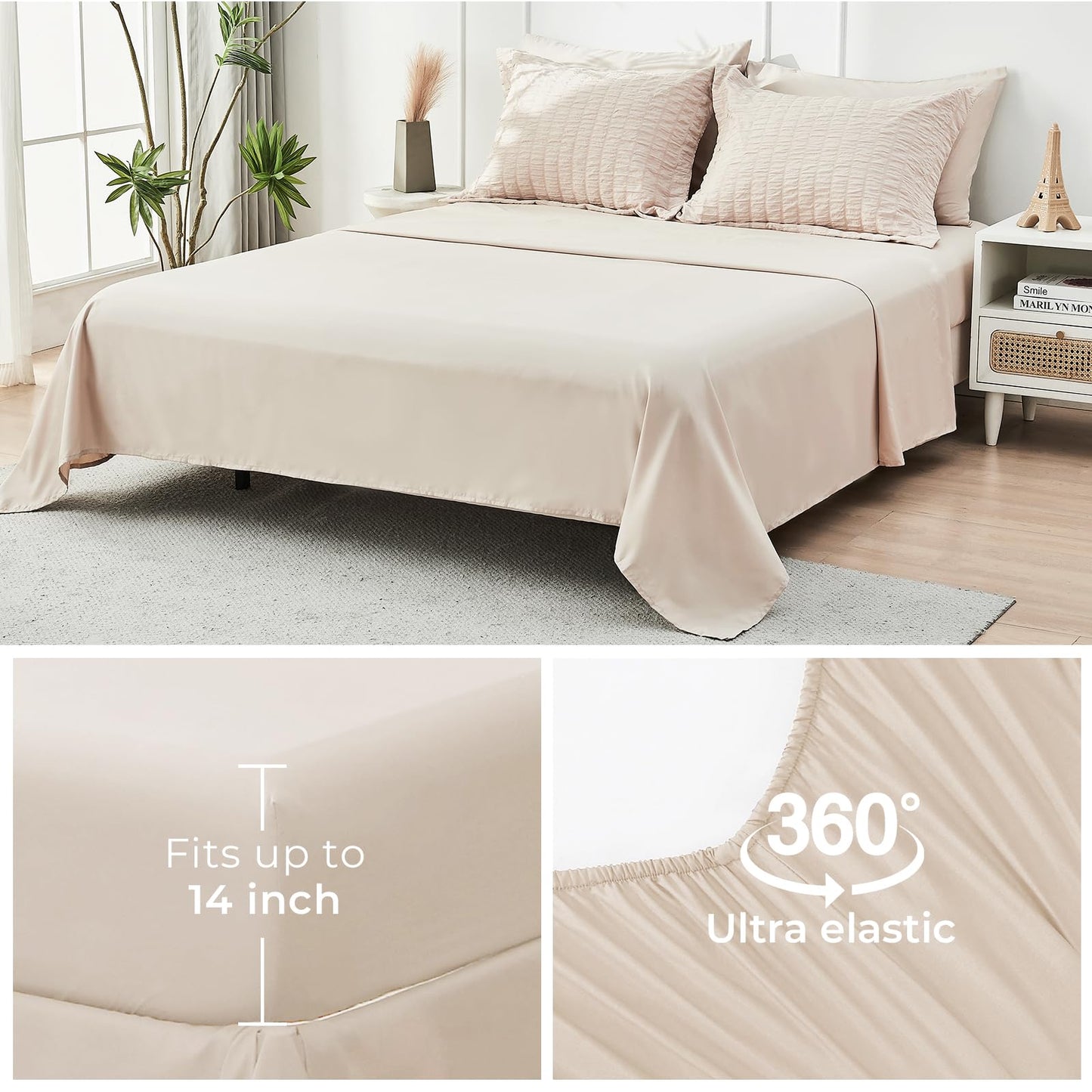 HYMOKEGE Beige Full Size Comforter Sets Seersucker 7 Pieces, All Season Luxury Bed in a Bag for Bedroom, Bedding Set with Comforters, Sheets, Pillowcases & Shams