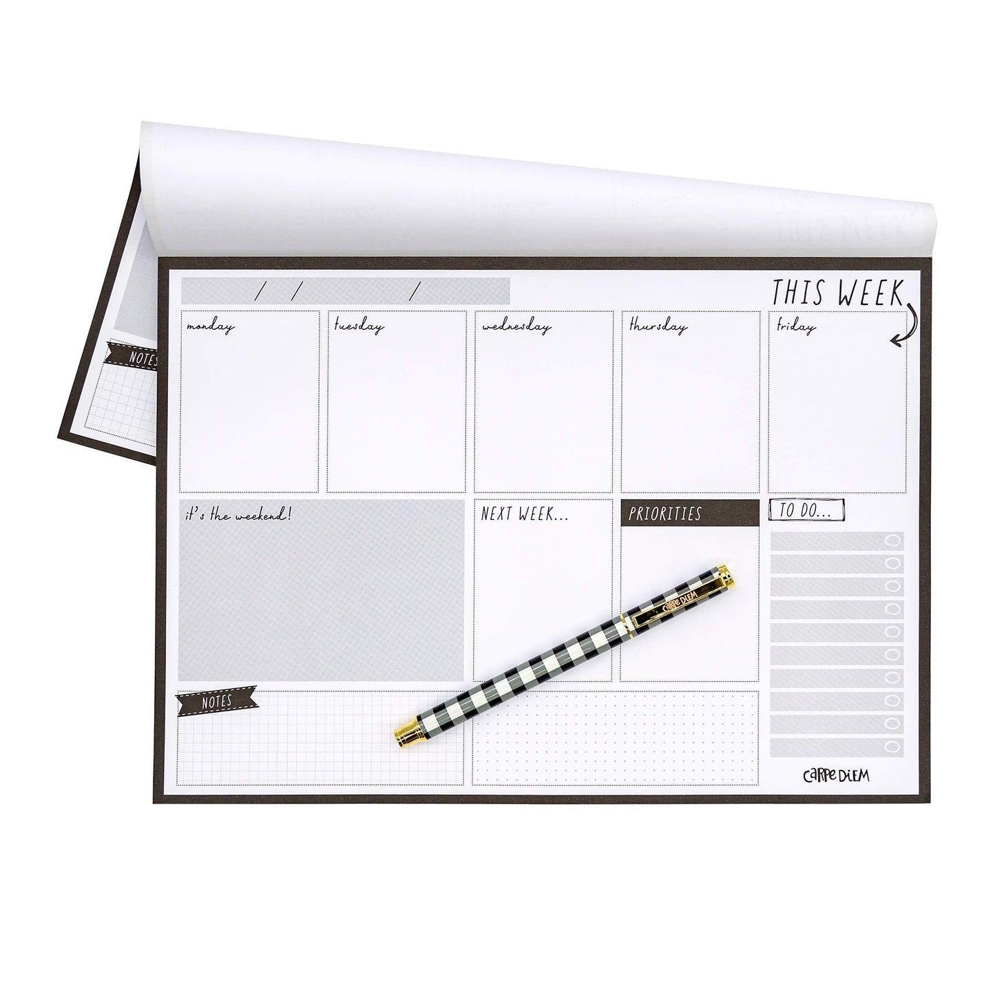 Pukka Pad Carpe Diem Weekly Planner Pad for Daily Organization, Scheduling, & Appointments - Includes To-Do List, Weekend, & Priority Sections, 60 Sheets Tear-Off Sheets, 11.7 x 8.3in, Black